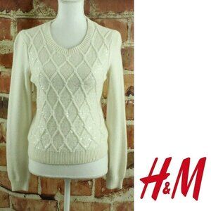 H&M Cable Knit Sequin Sweater Womens S Ivory Holiday Knit Sparkle Cute EUC